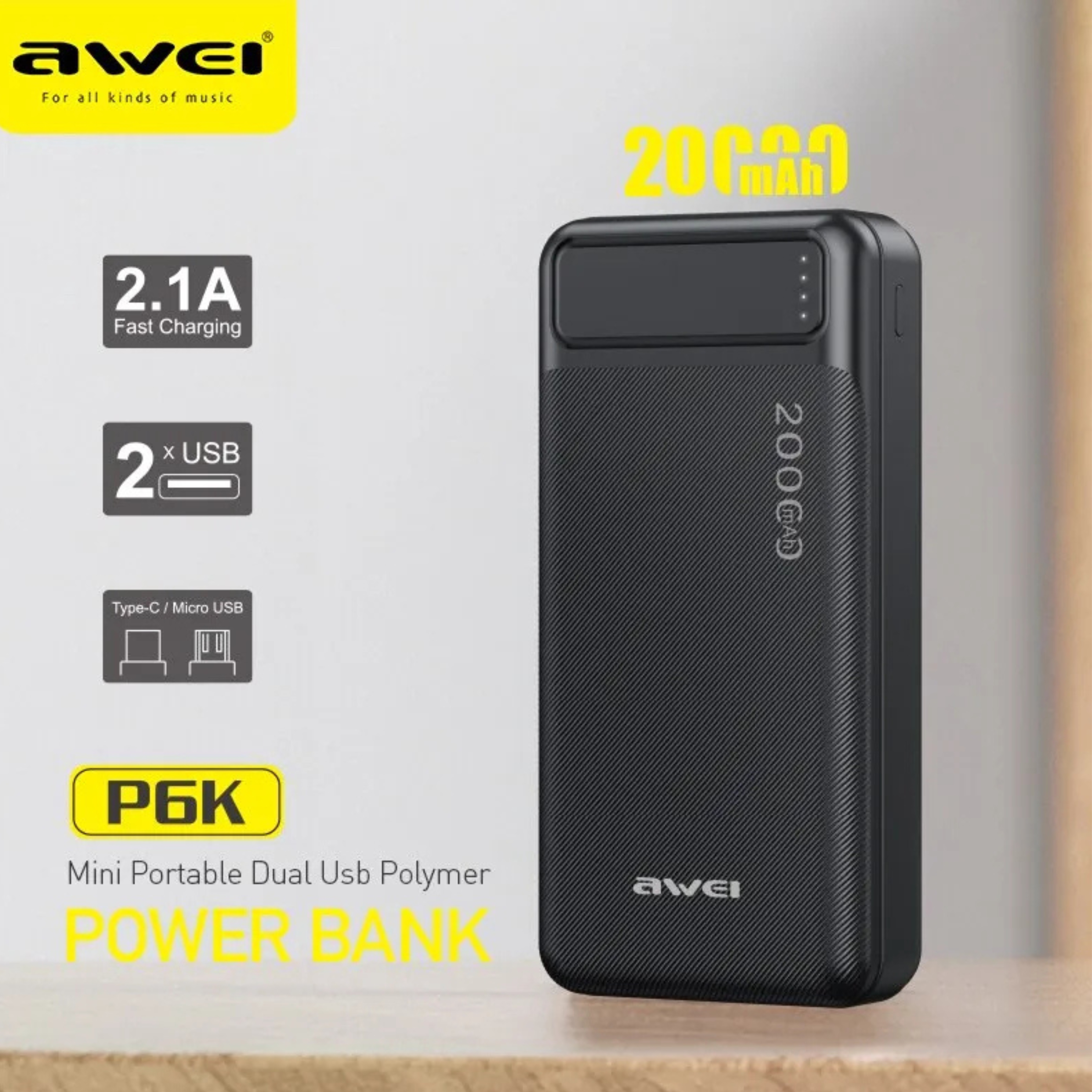 Awei P6K Double USB Output Power Bank with 20000mAh